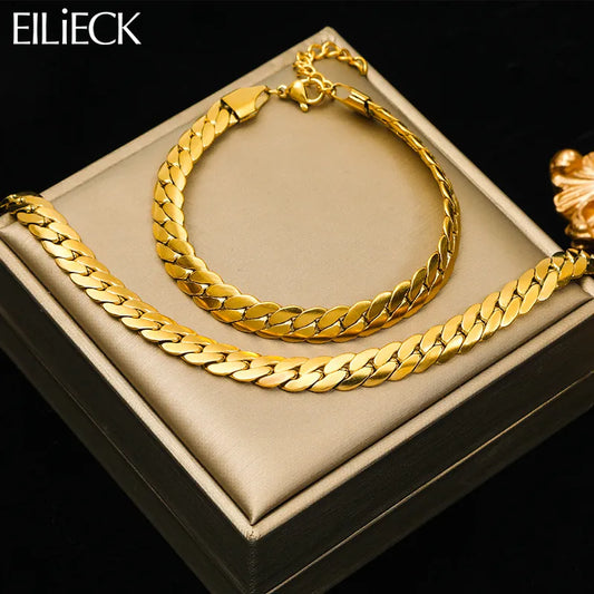 EILIECK 316L Stainless Steel Gold Color Flat Wide Chain Necklace Bracelet For Women Girl Fashion Non-fading Jewelry Set Gift